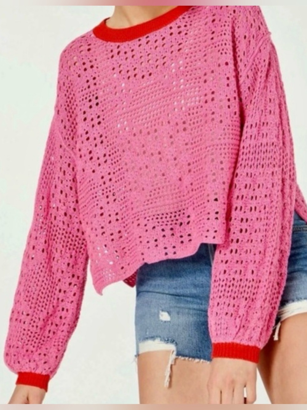 Free People “Home Run” Crochet Knit Cropped Pullover - Oversized